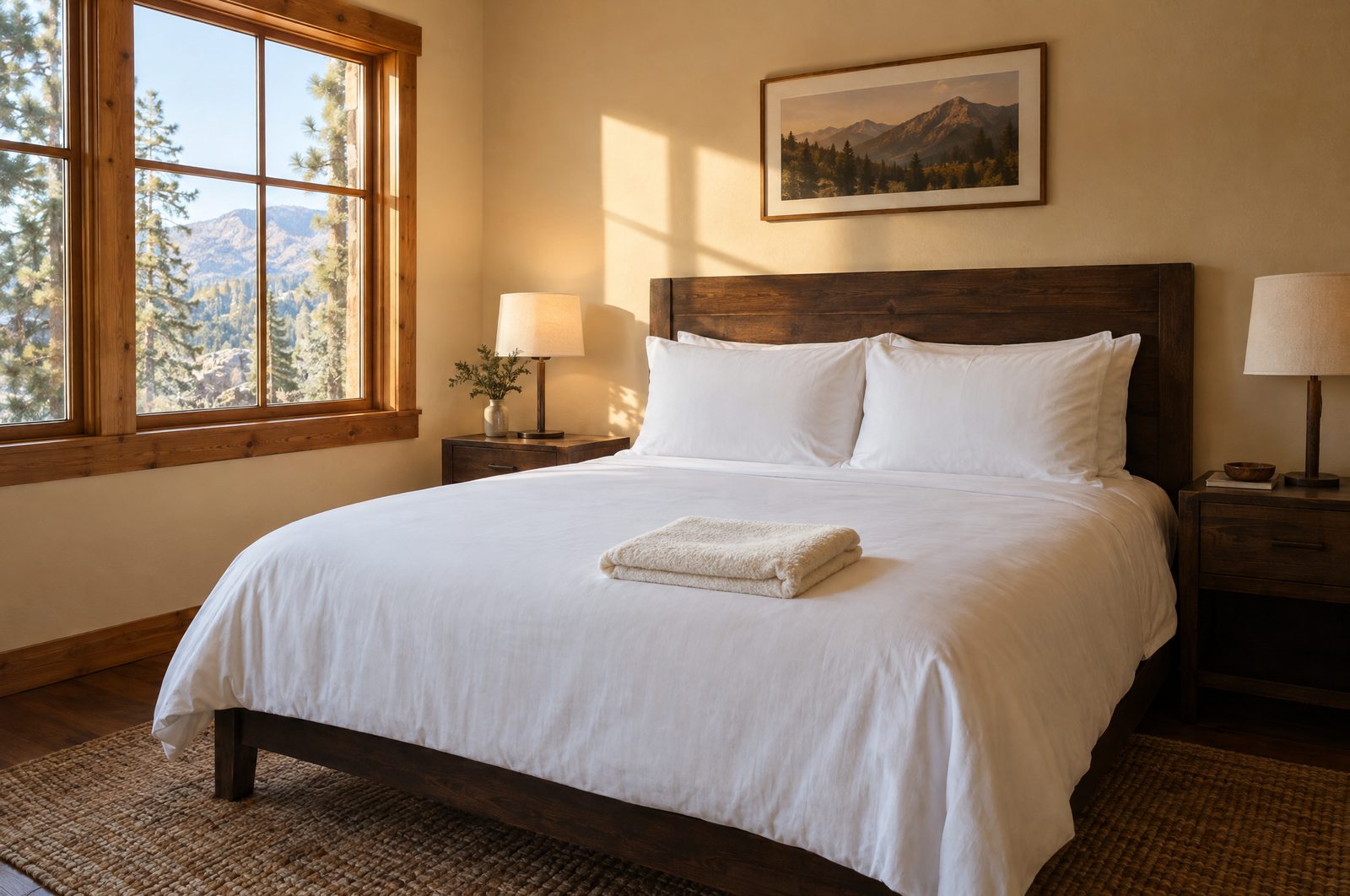 A freshly made cabin guest bed with crisp white linen and a folded towel at the foot